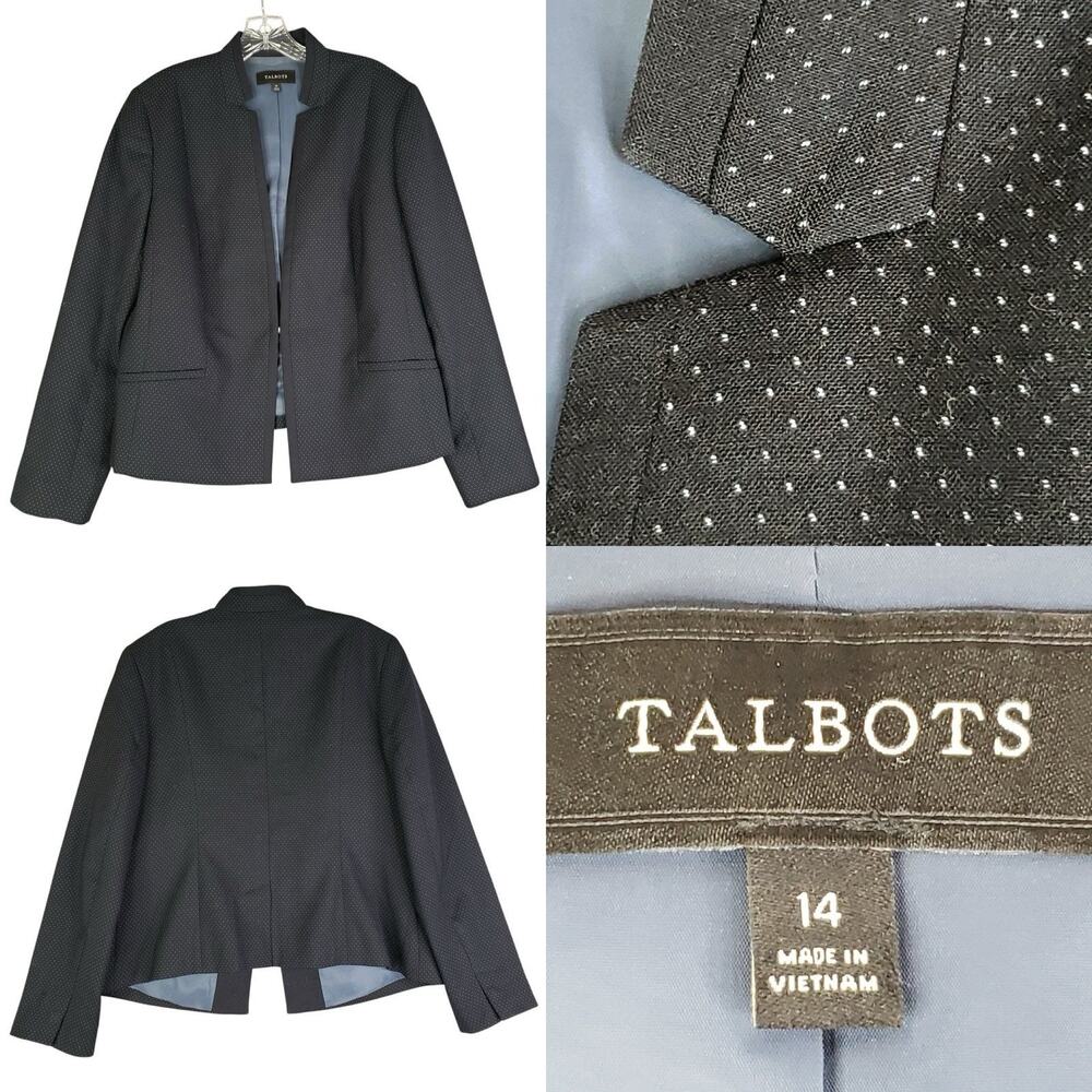 Talbots Blazer Jacket Womens 14 Wool Lined Black White‎ Polka Dot Open Front